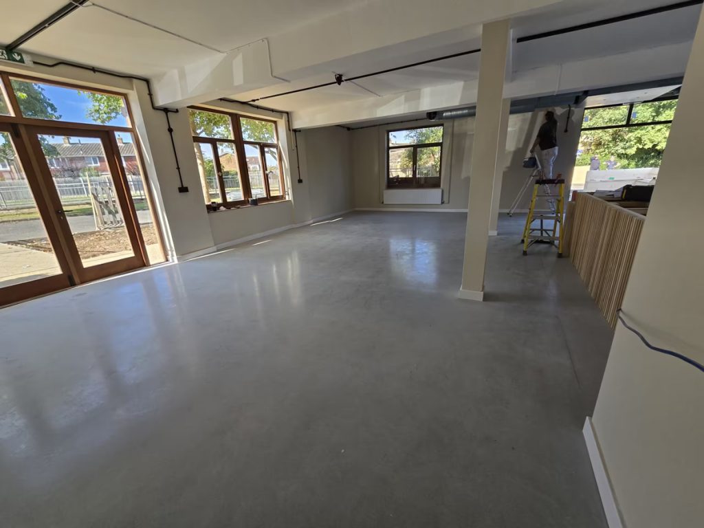 Diamond Polished Mapei Ultratop Light Grey and Satin finish in Morgan Sindall Cambridge Office Cafeteria in Ashwell Point