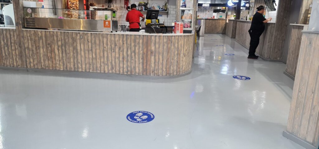 Flexible resin flooring system, high build, 100% solids.